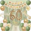 Trgowaul 60th Birthday Decorations for Women, Banner, Sash and Crown, Cake Topper, 60 Number Balloon, Fringe Curtains, Green Gold 60th Birthday Party Supplies