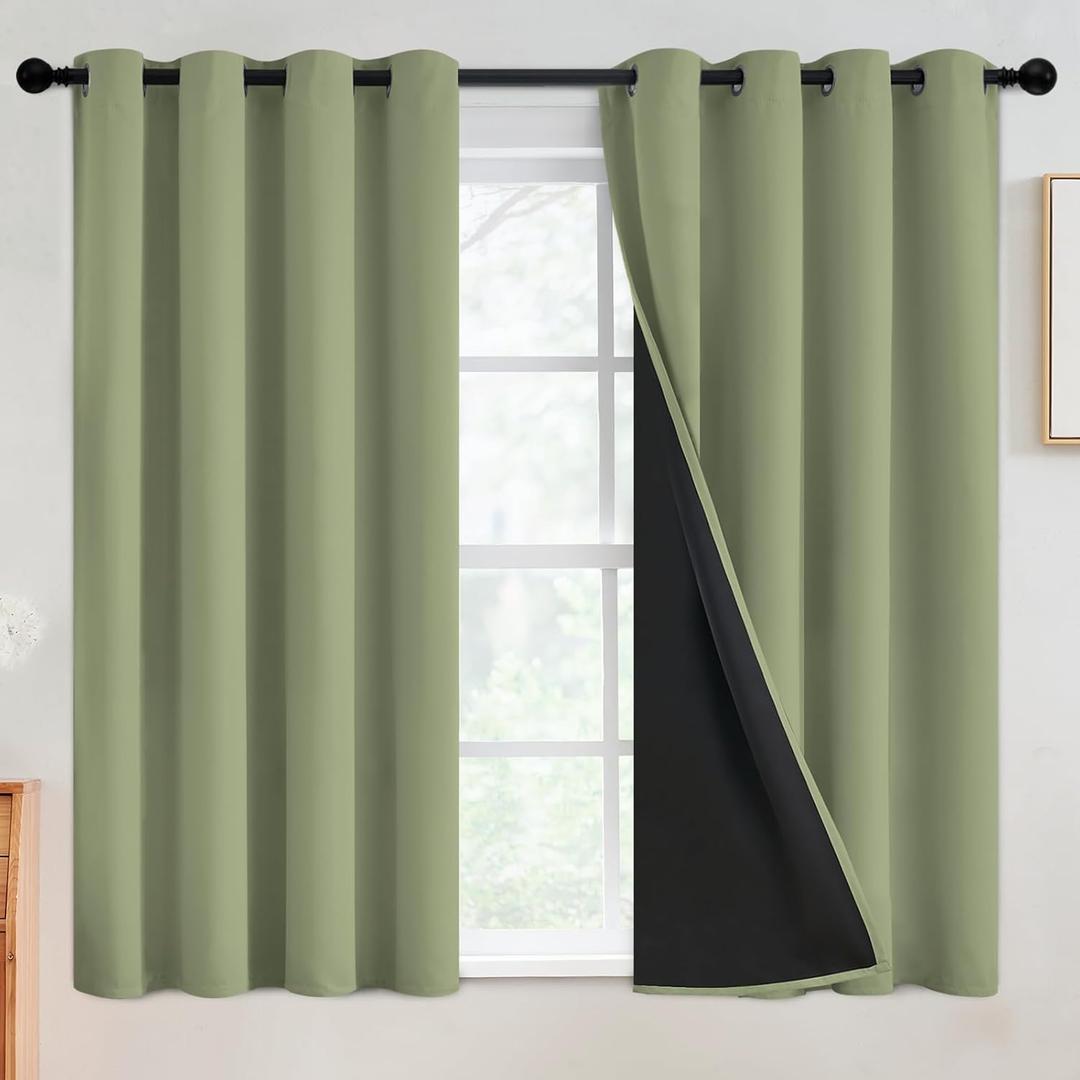 SimpleHome 100% Blackout Curtains for Bedroom, Thermal Insulated Sage Grommet Window Drapes Room Darkening Curtains for Living Room with Black Back, 52 x 54 Inch, 2 Panels