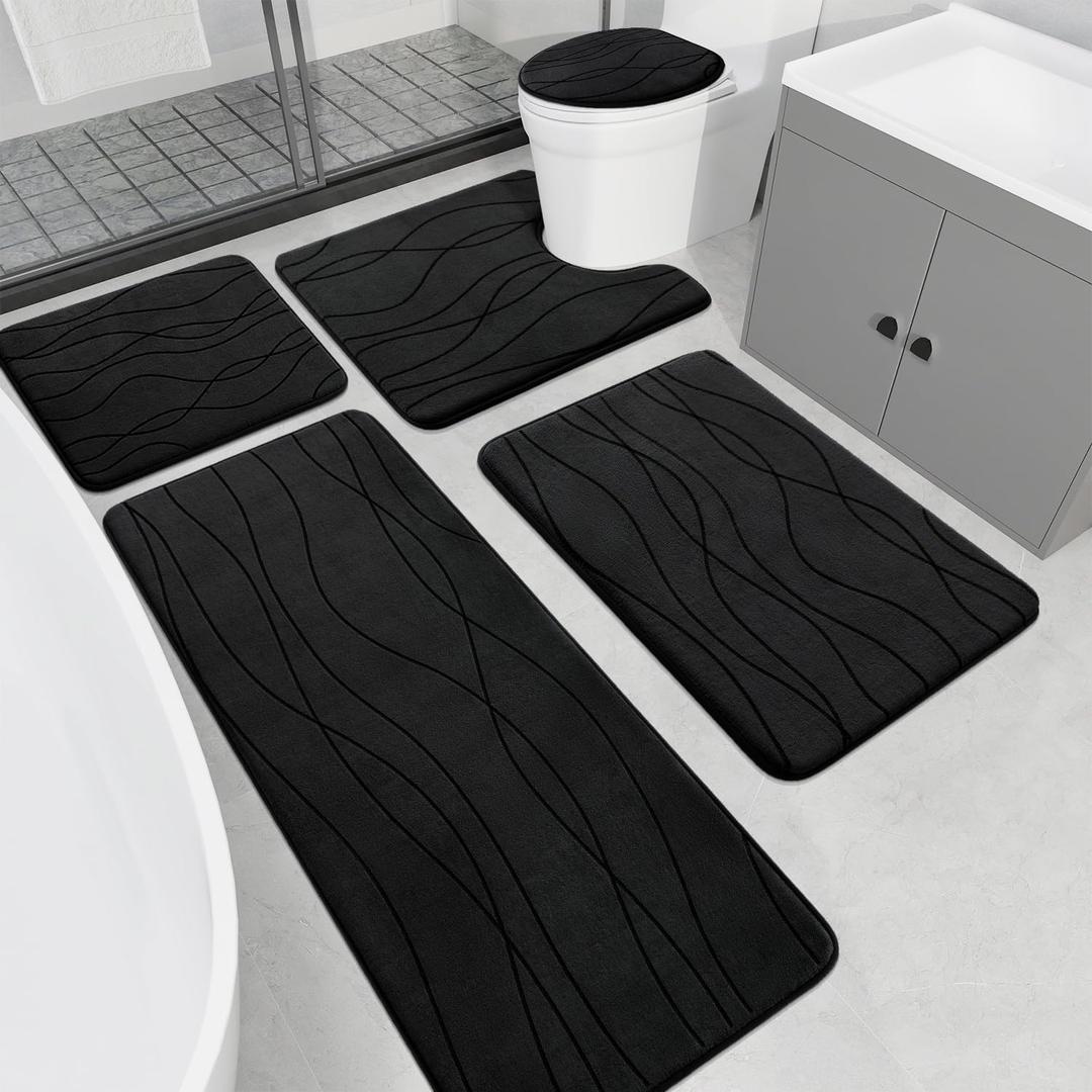 YIHOUSE Memory Foam Black Bathroom Rug Sets 5 Piece, Ultra Absorbent Bath Mat for Bathroom - Non-Slip Machine Washable & Dry Quickly, 5 Piece Bathroom Mat Set, Black (1'8" x 3'10")