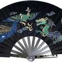 Multifunction Stainless Steel Tai Chi Fan Decorative Folding Fan Chinese Kung Fu Fan for Performance Dance, Sports, Decorations, Festival, Gift (Black, Dragon and Phoenix Pattern)