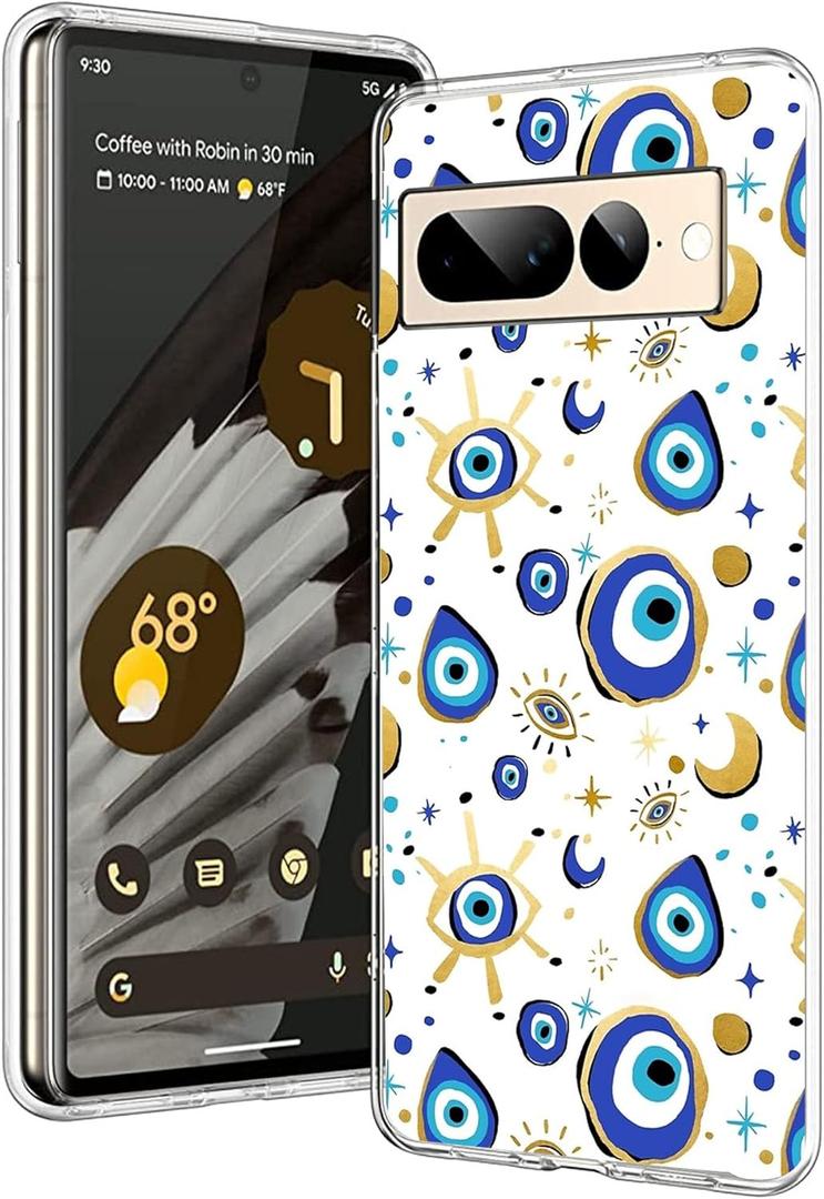 Compatible with Google Pixel 7 Pro Case - Fantasy Blue Gold Evil Eye Phone Case Slim Soft TPU Shockproof Protective Cover Case (image-5)