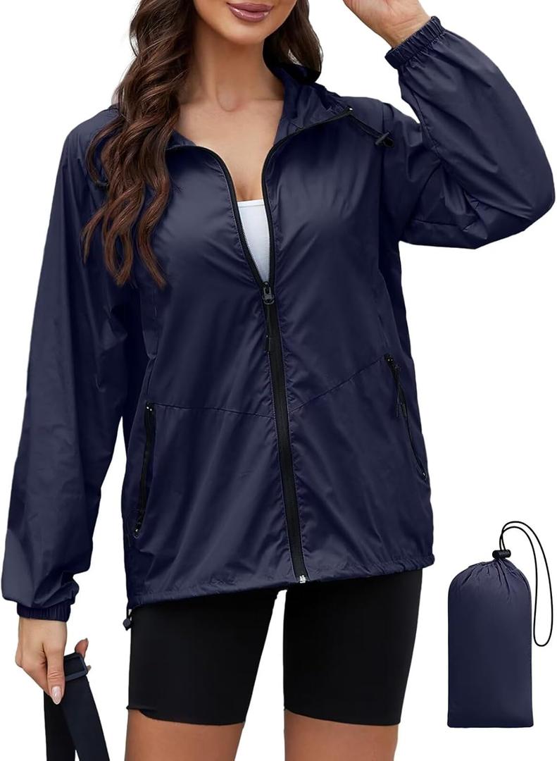 PITINAN Lightweight Rain Jacket Women Packable Wind Breaker Light Rain Jacket Women Waterproof Travel Raincoat S-XXL (Blue, S)