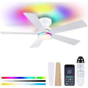 White RGB Ceiling Fans with Lights - 46" Flush Mount Ceiling Fan with Remote APP, RGB+3CCT Dimmable Led Light, Reversible 6 Wind Speeds&2H Timer, Low Profile Modern Fan Light Fixture for Bedroom Party