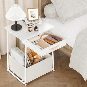 Olldide 3-Tier Bedside Table with Storage, Modern Square Nightstand with Fabric Storage Basket & Drawers, Multifunctional Side Table for Living Room, Bedroom (White)