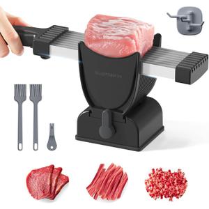 SupMaKin Fresh Meat Slicer, Thickness Adjustable 2 or 4 mm, 17 IN 1 Stainless Steel Manual Meat Cutter, Cleaver Kitchen Knife, Jerky Slicer Suit for Chicken Breast Beef Pork (Black)