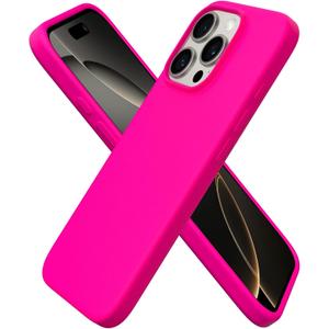 ORNARTO Compatible with iPhone 16 Pro Case 6.3", Slim Liquid Silicone 3 Layers Soft Gel Rubber Shockproof Protective Case with Anti-Scratch Microfiber Lining-Hot Pink