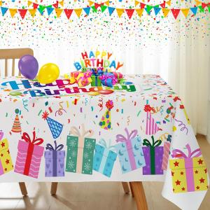 Happy Birthday Tablecloth Rectangle 60 x 84 Inch Colorful Gifts Balloon Confetti Spill/Oil Proof Washable Table Cloths, Polyester Table Cover for Home Dining Party, Indoor, Outdoor Decoration