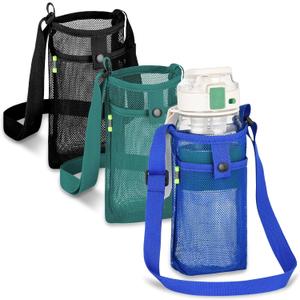 3Pcs Water Bottle Holder with Strap, Mesh Water Bottle Bag Carrier with Adjustable Shoulder, Water Bottle Carrier with Strap and Pouch for Walking and Travelling (Black/Blue/Green)
