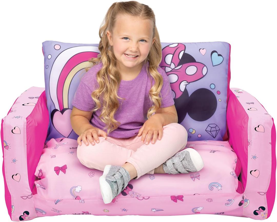 Minnie Mouse Inflatable Sofa Bed for Kids  2-in-1 Flip Open Couch to Lounger & Nap Mat, Over 4ft Long, Removable Cover, Indoor/Outdoor Use, Ages 25