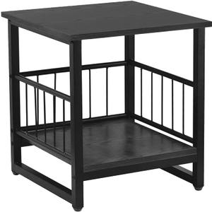 End Table, Industrial Side Table with 2-Tire Storage Shelf, 180LBS Mini Fridge Stand with Adjustable Feet, 18"x18" Wood Night Stand Small Bedside Table with Sturdy Metal Frame for Living Room Bedroom