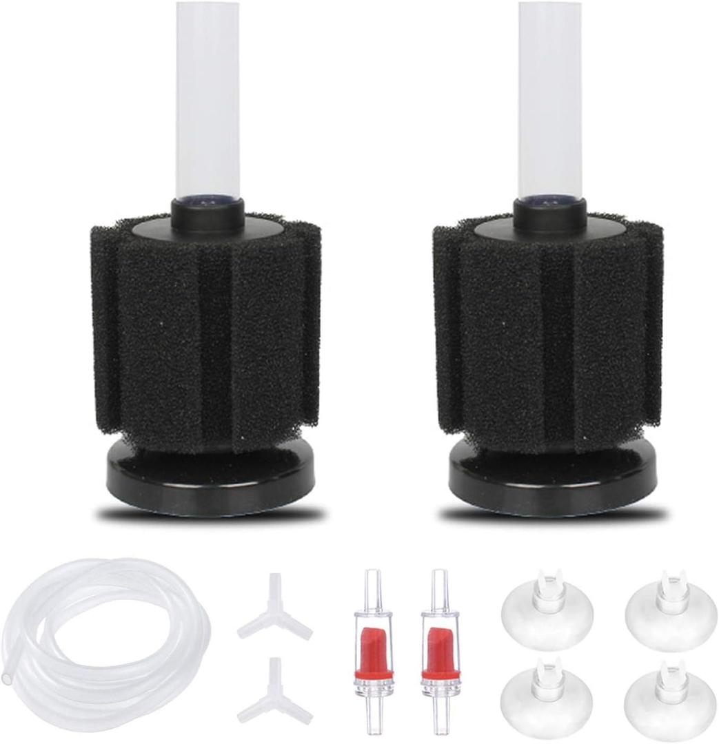 ALEGI Aquarium Sponge Filter with Airline Tubing, Check Valves, Suction Cups for 10 Gallon Fish Tank, Betta, Nano, Shrimp, Fry, Biochemical Filter (Small up to 10Gal 2 Pcs)