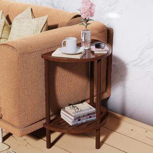 End Table, Half Moon Side Tables, Living Room Half Round 2 Tier Tables, NightStand for Small Space in Living Room Bedroom, Couch Tables with Storage Shelf, Boho Side Table (Brown)