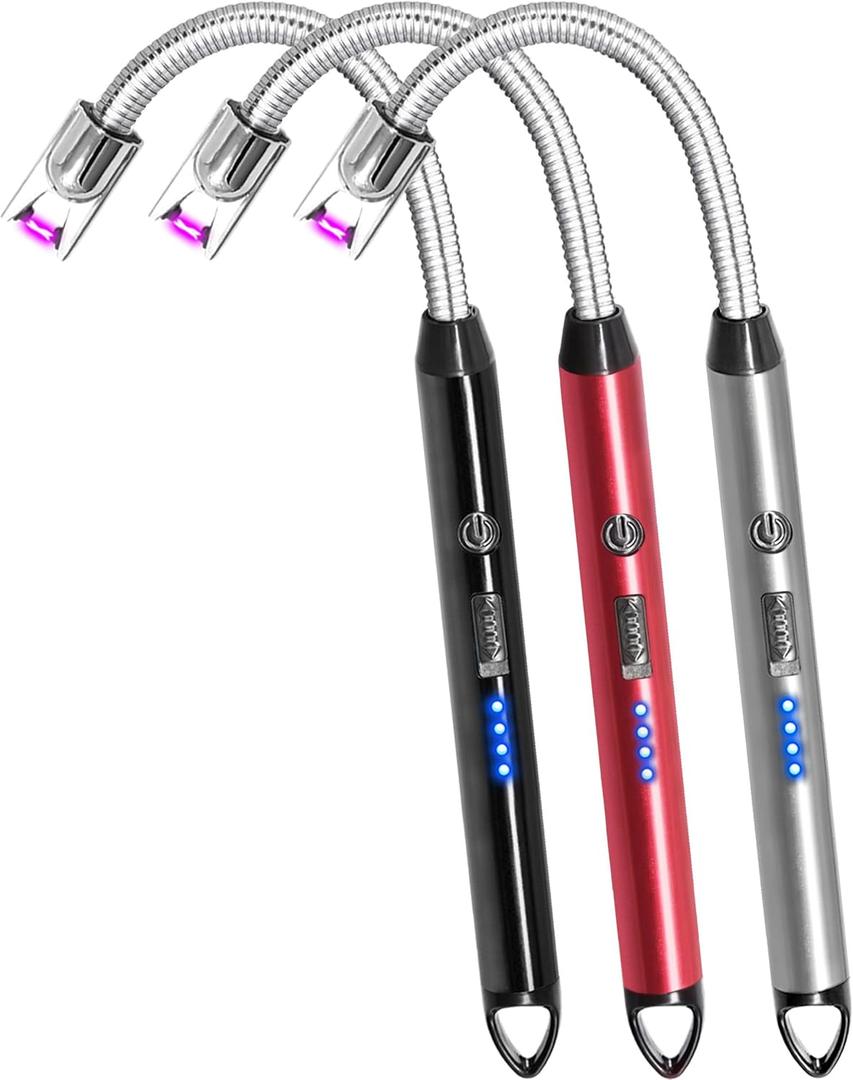 3 Pack Candle Lighter Electric Rechargeable Arc Windproof Lighters Flexible Neck Long Rotate 360 Plasma Lighter USB Flameless Lighters Candles Grill BBQ (Black+red+silver)