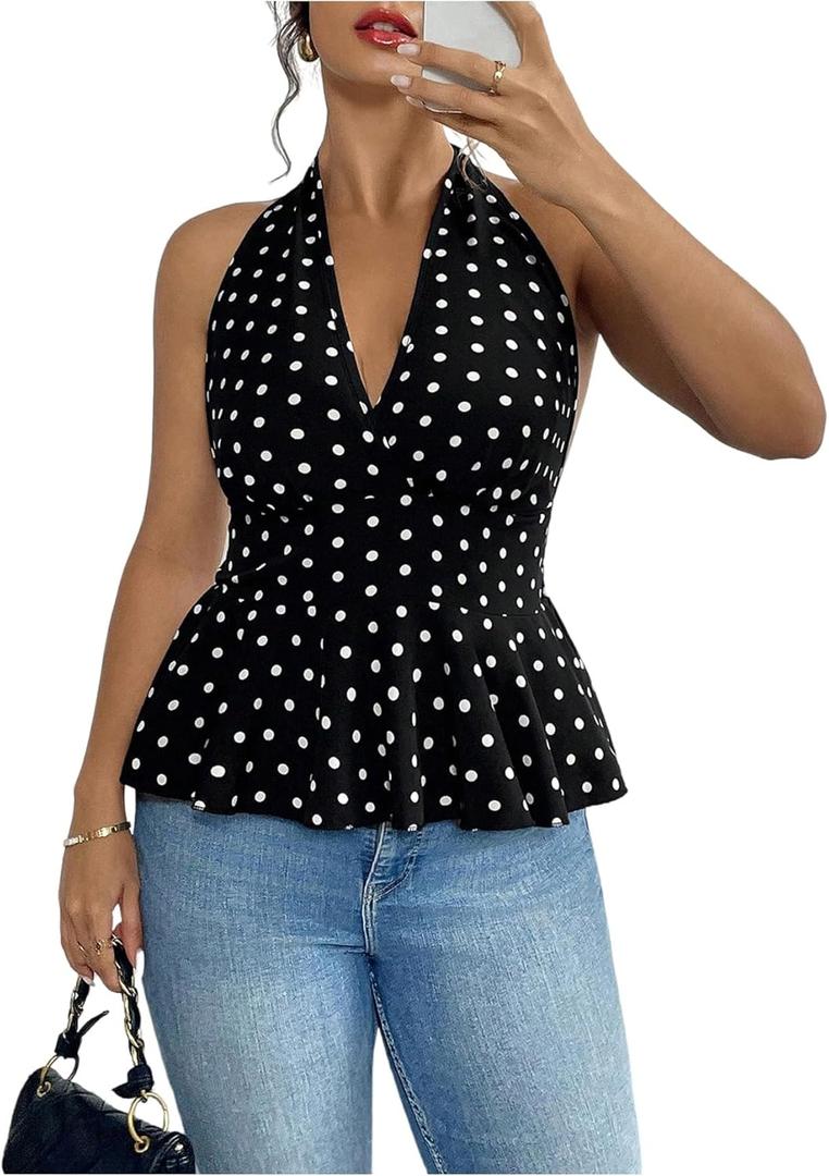 Women's Plus Size Polka Dots Halter Top Tie Backless Sleeveless Ruffle Going Out Tank Tops (3X-Large Plus, Black and White)