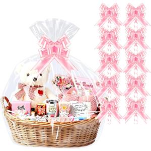 PigPotParty 10 Pack 30x40 Inch Large Easter Cellophane Bags for Gift Baskets with Pink Ribbon Bows, Easter Clear Plastic Basket Wrap with Decorative Ties for Birthday, Wedding, Girl's Baby Shower