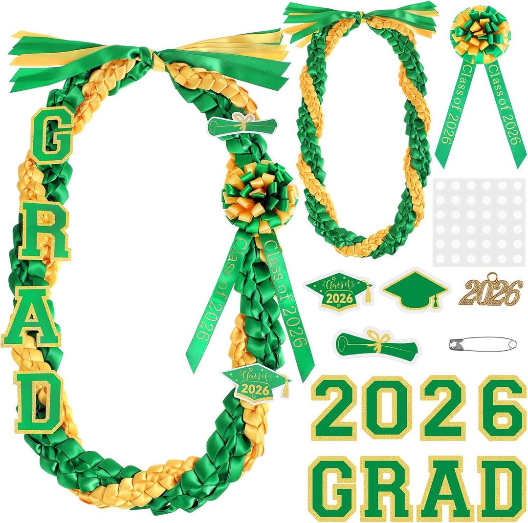 Giegxin Class of 2026 Graduation Leis Set 2026 Silk Ribbon Money Leis Grad Cutouts Adjustable Handmade Double Braided Necklace for Congrats Graduates Senior Party Gifts Accessories