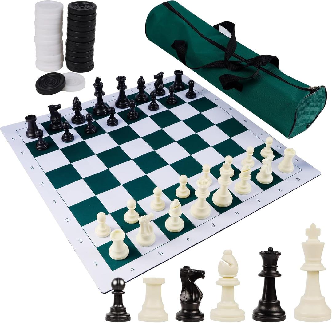 Juegoal 20" Portable Chess & Checkers Set, 2 In 1 Travel Board Games for Kids and Adults, Folding Roll up Chess Game Sets, Extra 26 Checker Pieces, Tournament Thick Mousepad Mat with Storage Bag
