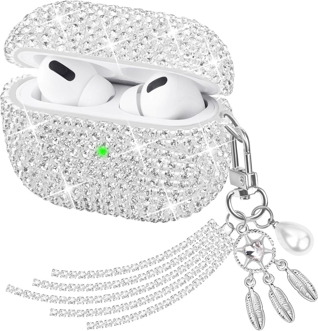Compatible with AirPods Pro 1st Generation Case Glitter Rhinestone Cute Case for AirPods Pro with Shining Silver Dream Catcher Keychain Charm
