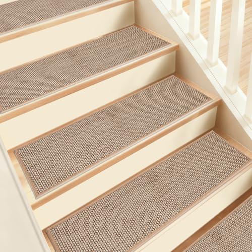Stair Treads Non Slip, 15 Pack 8" X 30" Beige Stair Runners for Wooden Steps Non Slip with Reusable TPE Adhesive Backing, Carpet Stair Treads for Kids Elders and Pets, Machine Washable, Anti-Fall