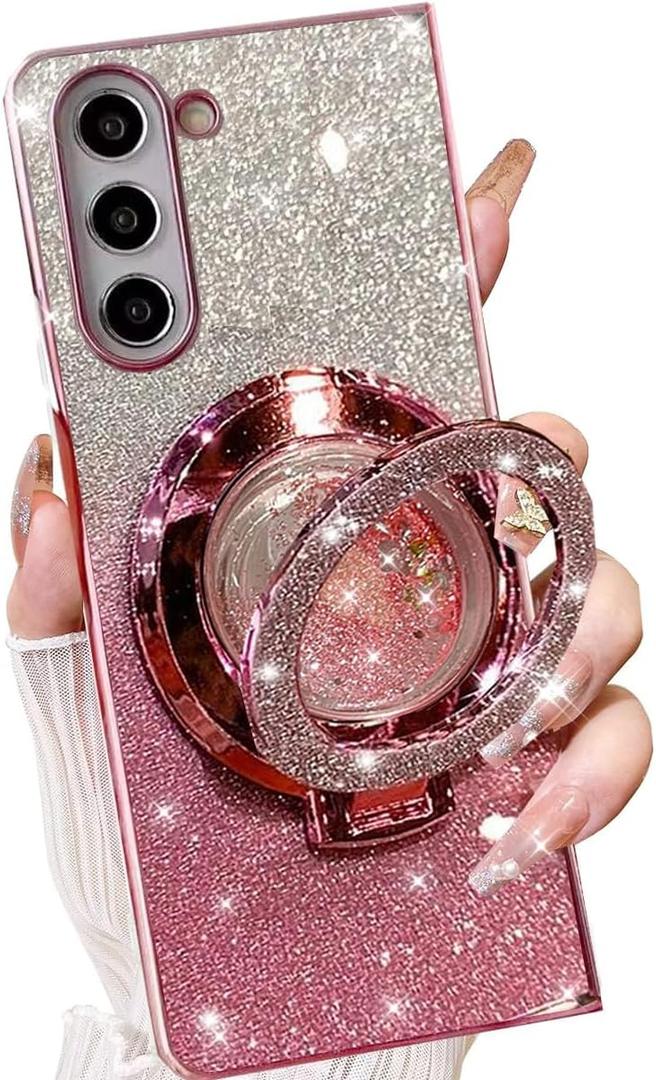 Changjia for Samsung Galaxy Z Fold 7 Glitter Kickstand Case,Cute Luxury Bling Sparkly with Liquid Flowing Ring Stand Soft TPU Bumper Shockproof Women Girls Protective Case for Galaxy Z Fold 7 5G, Pink