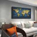 World Map Wall Art Canvas Print, Vintage Gold Cracked Texture Map of the World Poster, Abstract Navy Blue Ocean Geography Art for Living Room Office Decor, Large Horizontal Map Framed 29"x58"
