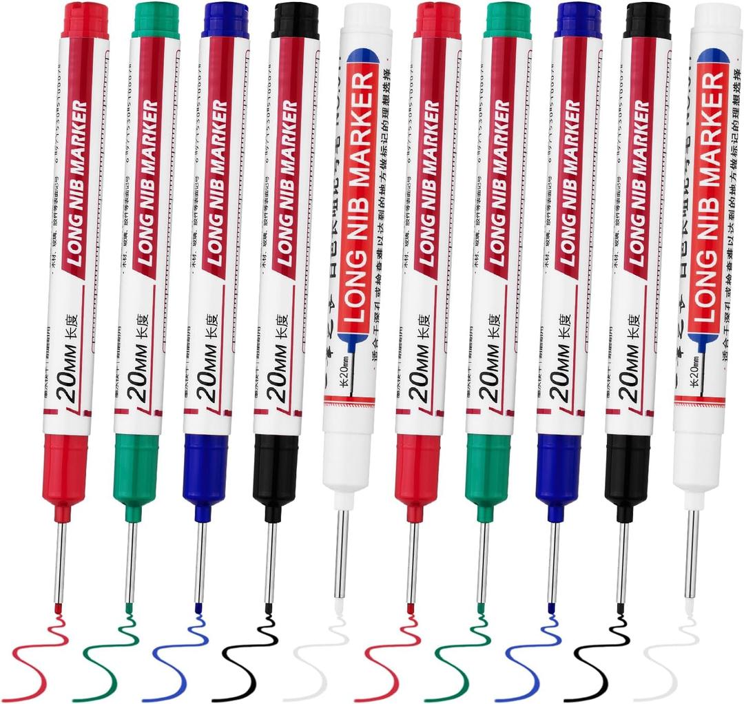 10 PCS Long Head Deep Hole Marker Pens,20mm Long Nib Marker, Longs Nose Markers, Waterproof Construction Markers Marking Tool,Permanent Markers Carpenter Ink marker Pens,Metal marking Pens (10PCS-20MM-Red/Blue/Green/Black/White)