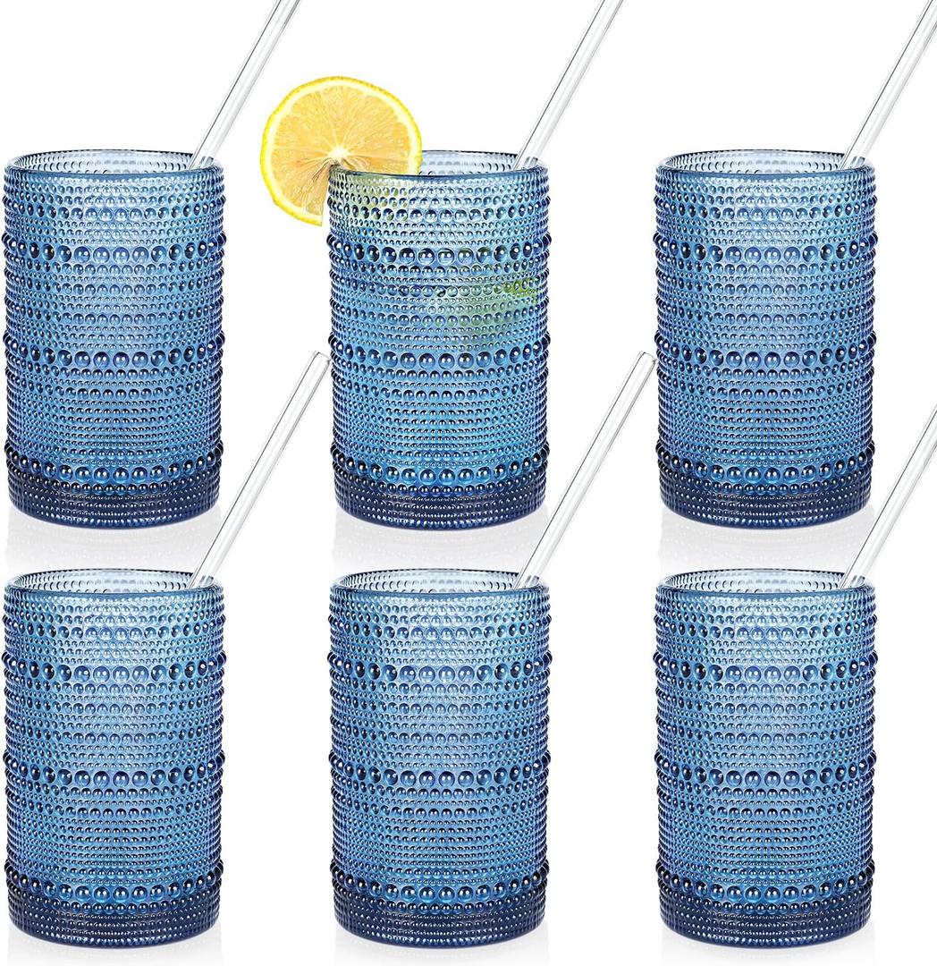 KMIGRUAN Large Hobnail Drinking Glasses Set of 6, 15oz Blue Vintage Glassware, Embossed Glass Cups, Water Tumbler, Highball Glasses For Beer, Juice And Various Mixed Drinks
