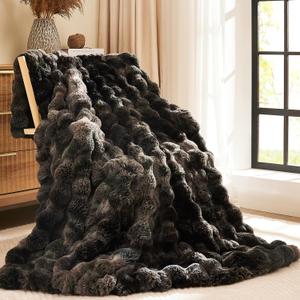 L'AGRATY Faux Fur Throw Blanket: 50" x 60" Luxury Soft Fluffy Thick Rabbit Fur Blankets for Couch Bed Sofa - Cozy Plush Bubble Blankets for Home Decor: Warm Flannel Fleece Decorative Blanket (Tie-dye Black and Gray)