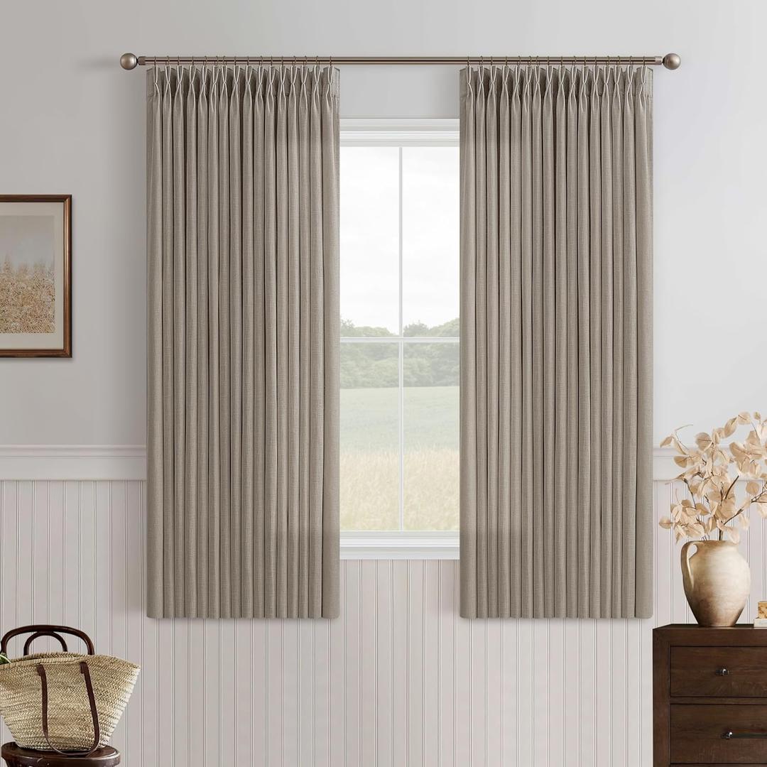 Pinch Pleated Linen Curtains 54 Inch Long for Kitchen with Rings Hooks Back Tab Light Filtering Farmhouse Short Semi Sheer 54 Inch Curtain for Dining Room Bedroom Small Window Burlywood Birch W50xL54