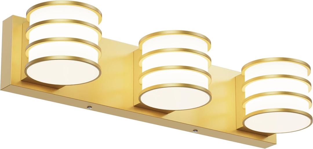 LED Bathroom Vanity Light - 20.5 Inch Gold 3-Light Fixture with White Acrylic Shades, 6000K Cool White, Mirror Lighting for Bathroom, Bedroom, Hallway, Living Room Wall Sconce