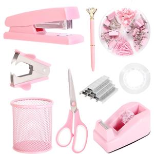 Pink Desk Accessories, Pink Office Supplies Set with Stapler, Tape Dispenser, Staple Remover, Pen Holder, Scissor, Binder/Paper Clips, Ballpoint Pen, Clear Tape and 1000pcs Staples