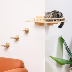 COOLEX Cat Shelves for Wall, 2 Pcs Cat Wall Shelves with 3 Cat Wall Steps, Wood Cat Wall Furniture Set with Plush Covered, Wall-Mounted Cat Climbing Shelves Cat Perch for Indoor Large Cat (Wood)