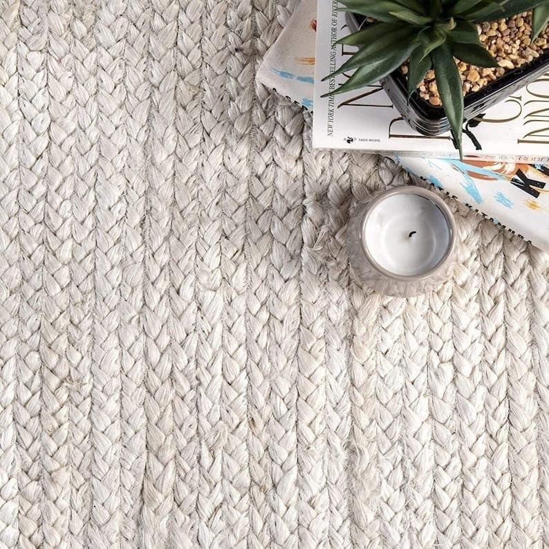 Natural White Boho Jute Rug, Off White Jute Area Rug, Ivory Beige Rug, Custom Size Rug, Indian Handwoven Rug, Bohemian Rug, White Large Rug (4x6 ft)