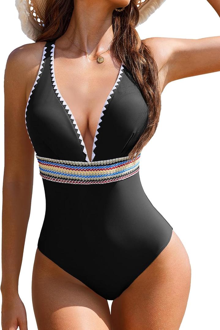 AI'MAGE One Piece Swimsuit Women Tummy Control Slimming Modest Bathing Suits Color Block Adjustable Straps Swim Suits 2025 (Small, Black)