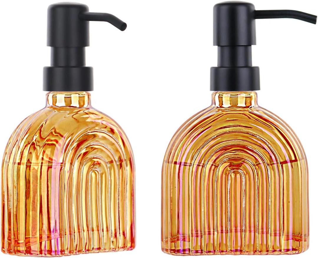 2 Pack Glass Soap Dispenser Bathroom, 9 Oz Kitchen Soap Dispenser, Refillable Liquid Modern Soap Dispenser for Hand Soap, Lotion Dispensers Bottle - Home, Commercial Countertop Decor. (Orange)