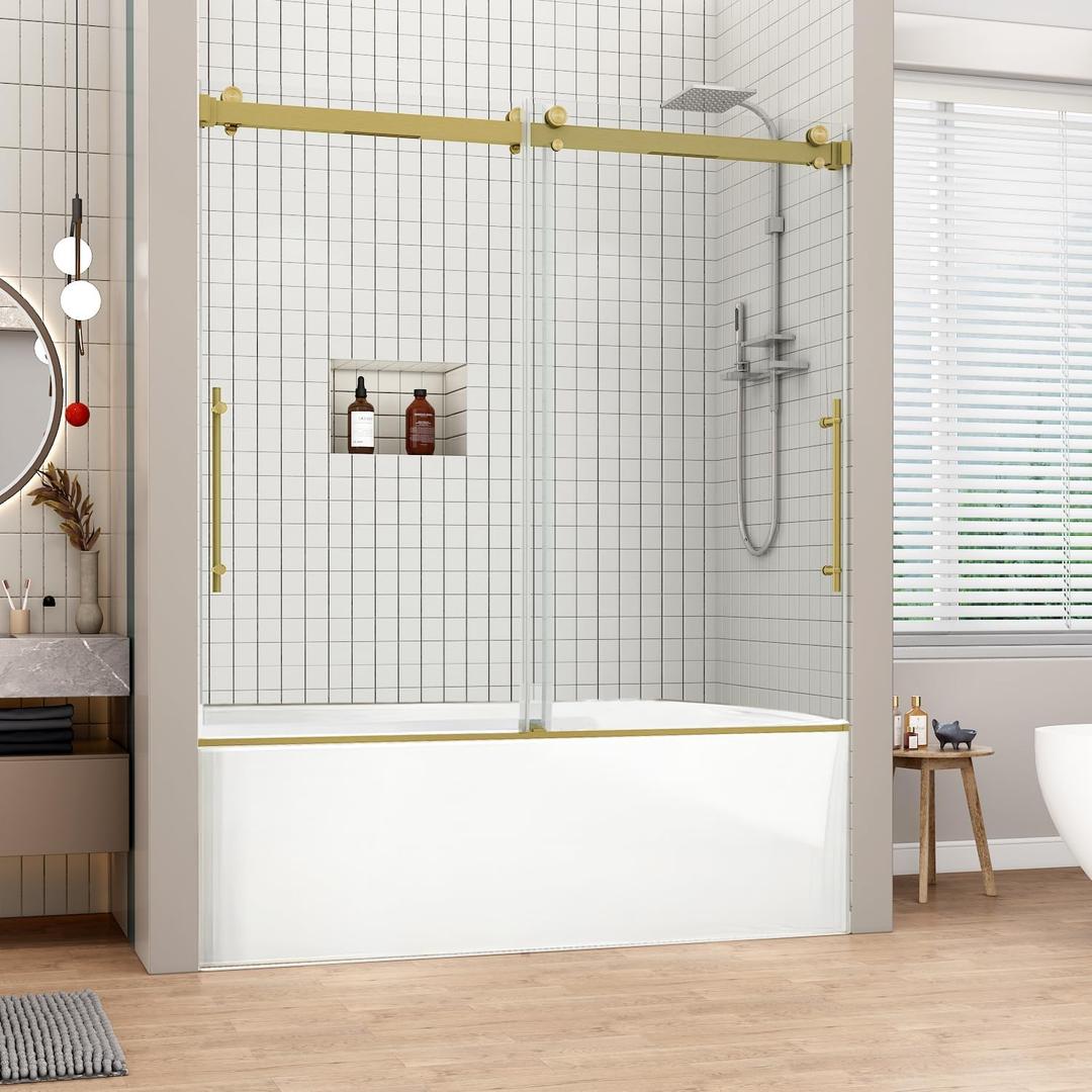 Sunrosa Frameless Double Sliding Tub Shower Door 60" W x 60" H, 5/16" (8mm) Thick Easy-Clean Tempered Glass, Adjustable Tub Door with Soft-Close System, Brushed Gold Finish