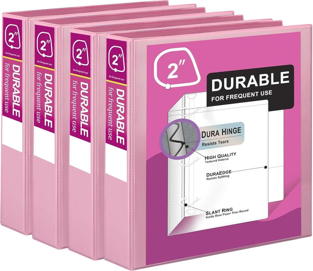 Zzrywuty Durable 3 Ring Binder, 2 Inch, Economy 4 Pack, Each Holds 400 Pages, D-Ring Presentation View Binders for Office, School, Home (Pink)