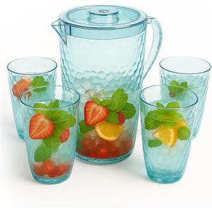 84 oz Crystal-Clear Pitcher with 4 Tumblers Set, BPA-Free Food-Grade Jug with 3-Position Lid & Spout  Large Beverage Pitcher for Party, Iced Tea, Lemonade, Sangria, Fridge  Aqua Blue