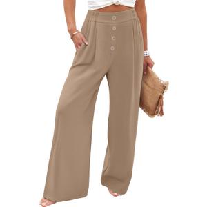 FUNYYZO 2025 Womens Pull On Pants Elastic Waisted Casual Wide Leg Long Lounge Trousers with Pocket Beach Wear Light Khaki (S)