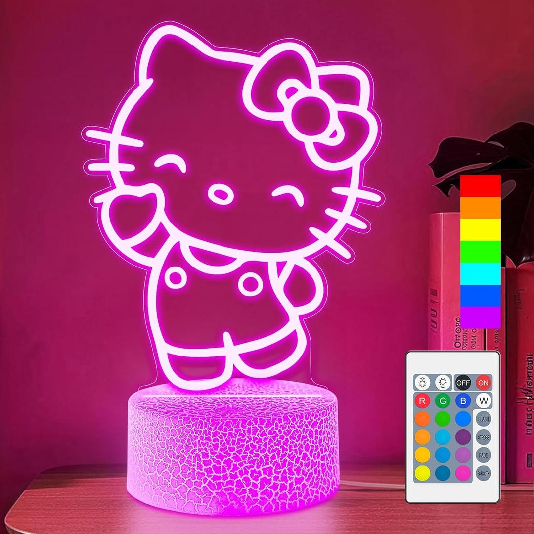 Cute Night Light for Kids - Anime Charater Kitty Cat Decor Lamp with 16 Colors Change, Remote, Dim Control, 3D Illusion LED Night Lights for Kids Gifts Party Birthday Decoration