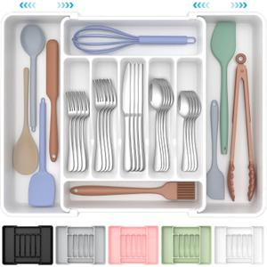 ukeetap Extra Large Expandable Silverware Organizer, BPA-Free Food-Safe Cutlery Flatware Organizer, Kitchen Utensil Drawer Organizer, Adjustable Silverware Holder for Spoons Forks Knives, White