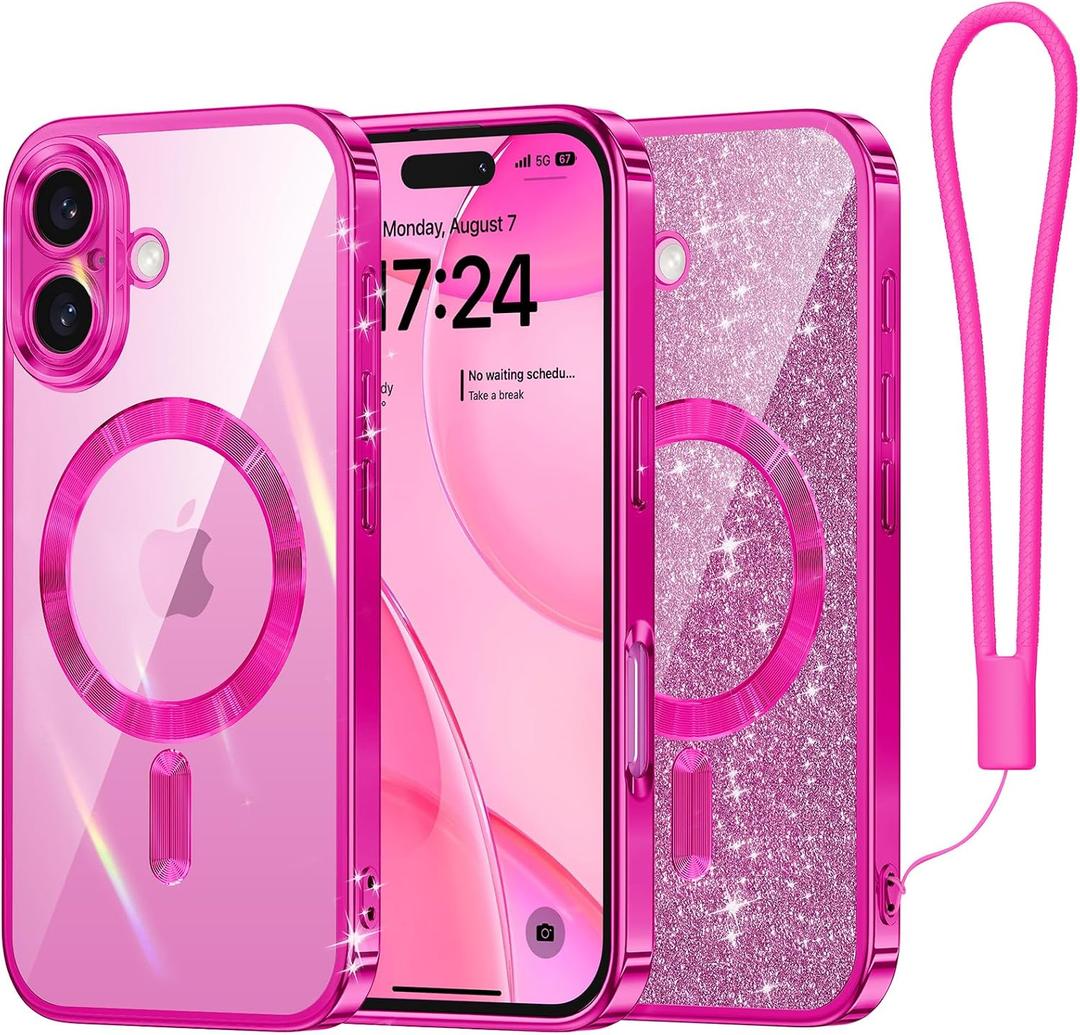 Meifigno Designed for iPhone 16 Plus Case 6.7", [Glitter Card & Wrist Strap] [Compatible with MagSafe] Full Lens Protection Designed for 16 Plus Case, Hot Pink