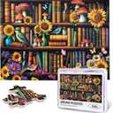 Vintage Wildflower Book Jigsaw Puzzles for Adults 500 Pieces Bird Sunflower Books Pages Puzzle Retro Bookshelf Wooden Puzzle Blossoming Wildflowers Literary Theme Books Puzzles for Book Lovers