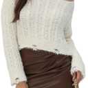 2025 Fall Cropped Sweater for Women Off The Shoulder Pullover Fluffy Knit Fashion Crop Top Holes Design (White, L)