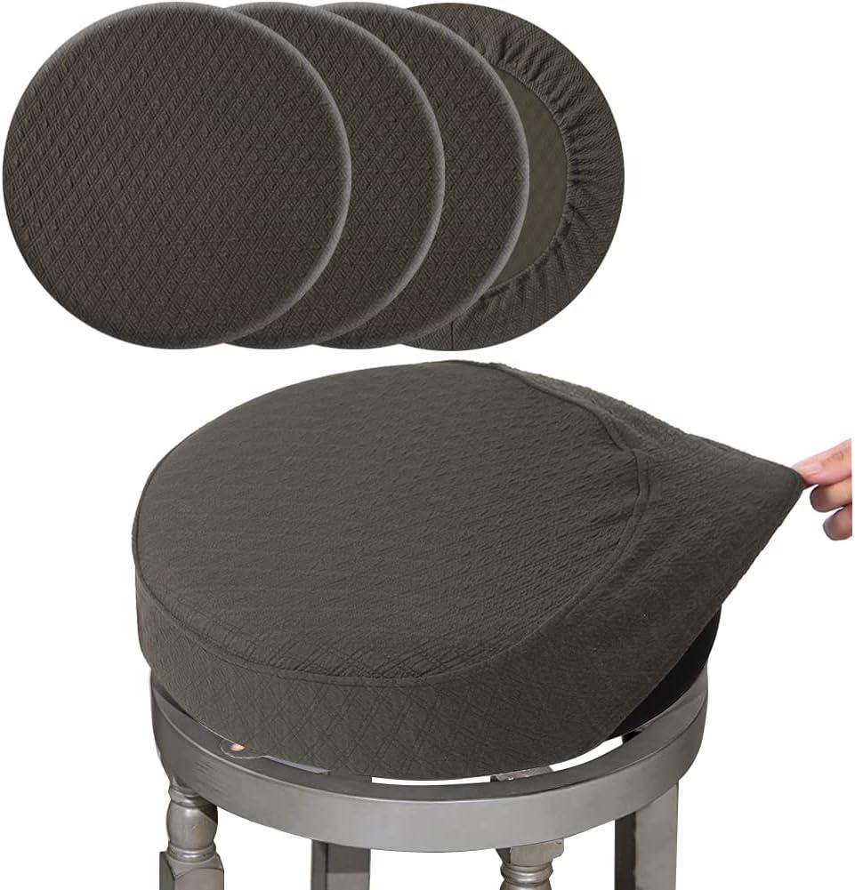BUYUE 4 Pcs Bar Stool Covers, Luxury Fabric Dia.16-18" Round Stretchy Crease-Resistant Washable Jacquard Dustproof Stool Seat Slipcover, L-Brown-Set of 4