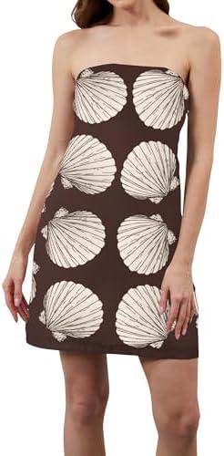 TERIVEEK Women Strapless Tube Mini Dress Summer Casual Boho Floral Print Sleeveless Backless Going Out Beach Short Dress, M, Brown Shell Print