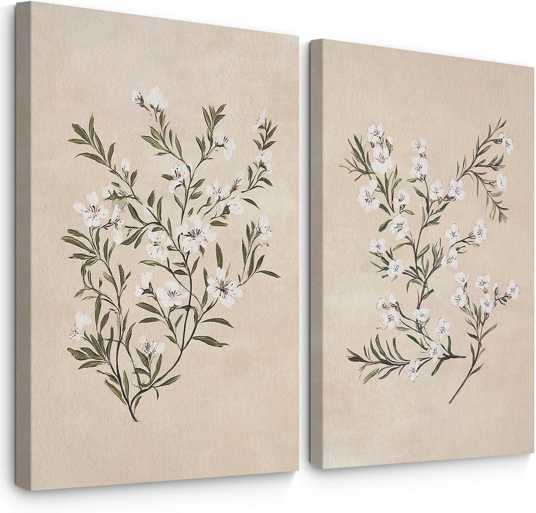 Vintage Botanical Wall Art Neutral Floral Prints Farmhouse Flower Canvas Wall Decor Watercolor Wildflower Pictures Nature Minimalist Artwork for Living Room Bedroom 16x24 Inch Wrapped Canvas Set of 2