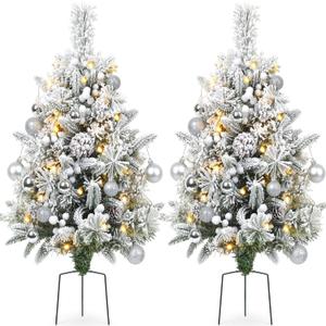 Set of 2 30 Inch Prelit Outdoor Christmas Trees, Artificial Battery Operated Snow Flocked Xmas Tree with Stake, Silver Berries, Pine Cones, Ball Ornaments, 8 Lighting Modes & Timer Included