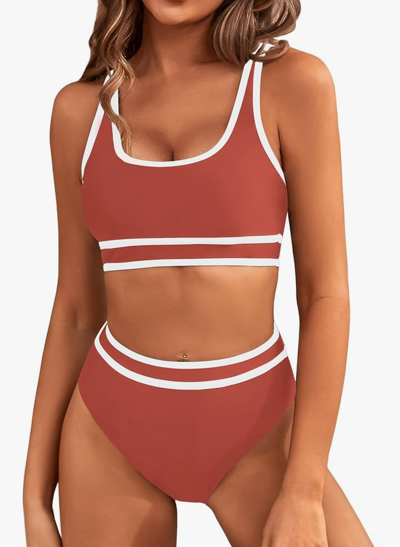 BMJL Women's High Waisted Bikini Sets Sporty Two Piece Swimsuits Color Block Cheeky High Cut Bathing Suits(M, Rust Red)