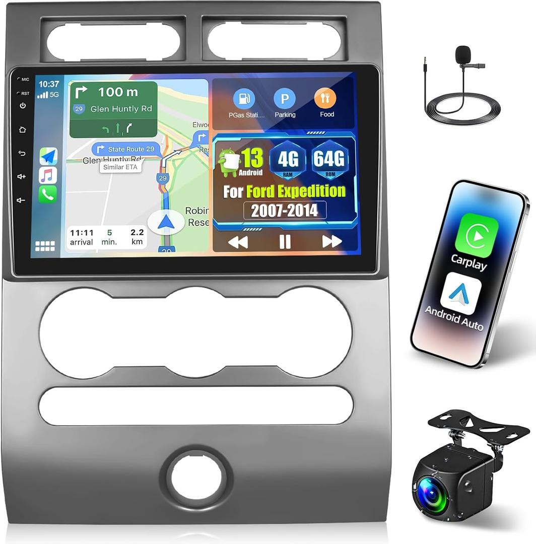 [4+64G] Android Car Radio for Ford Expedition 2007-2014 (Manual AC) - Wireless Carplay and Android Auto - 9 Inch 1280 * 720 HD Touchscreen Car Stereo - 32 EQ/WiFi/GPS/SWC + AHD Backup Camera